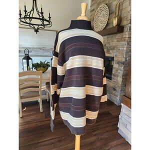 Vibtage Y2K Godbody Striped Knit‎ Sweater Mock Neck Pullover Brown Beige XL